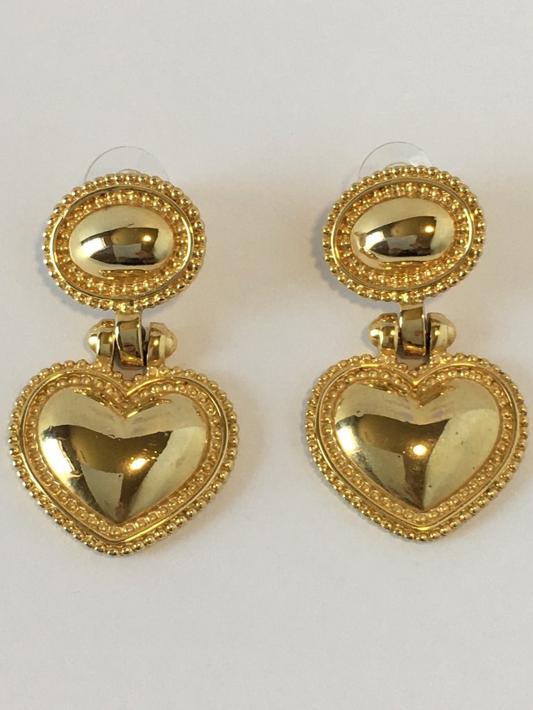 Vintage Heart Earrings Puffy Dangly Gold Tone Articulated Statement Pierced